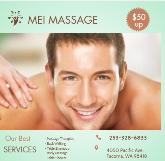 MEI MASSAGE is the place where you can have tranquility, absolute unwinding and restoration of your mind, soul, and body. We provide to YOU an amazing relaxation massage along with therapeutic sessions that realigns and mitigates your body with a light to medium touch utilizing smoother strokes.