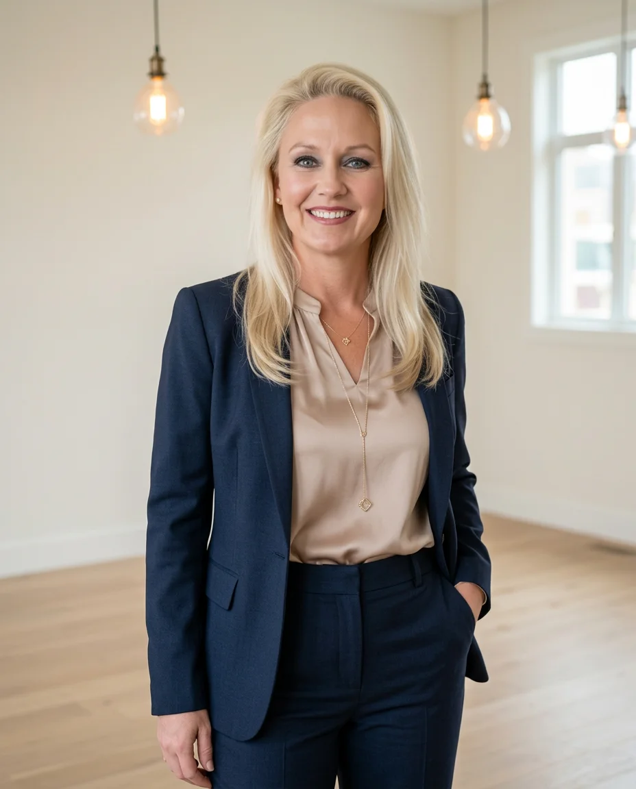 A professional portrait of a blonde woman in a navy blue pantsuit, standing in what appears to be an unfurnished room with wooden floors and modern lighting fixtures.
