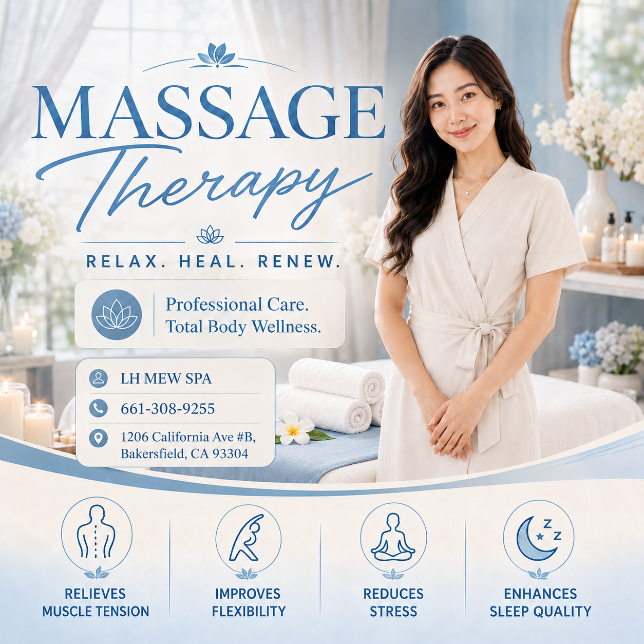 Our traditional full body massage in Bakersfield, CA includes a combination of different massage therapies like
Swedish Massage, Deep Tissue, Sports Massage, Hot Oil Massage
at reasonable prices.
