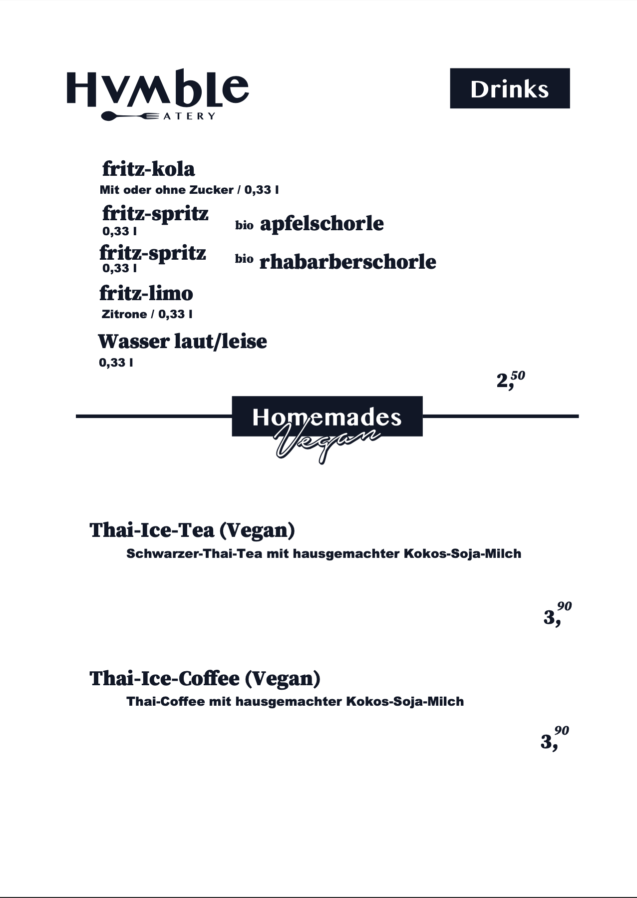 Humble Berlin Speisekarte 3 — Getränke, Vegan Thai-Ice-Coffee, Vegan Thai-Ice-Tea
