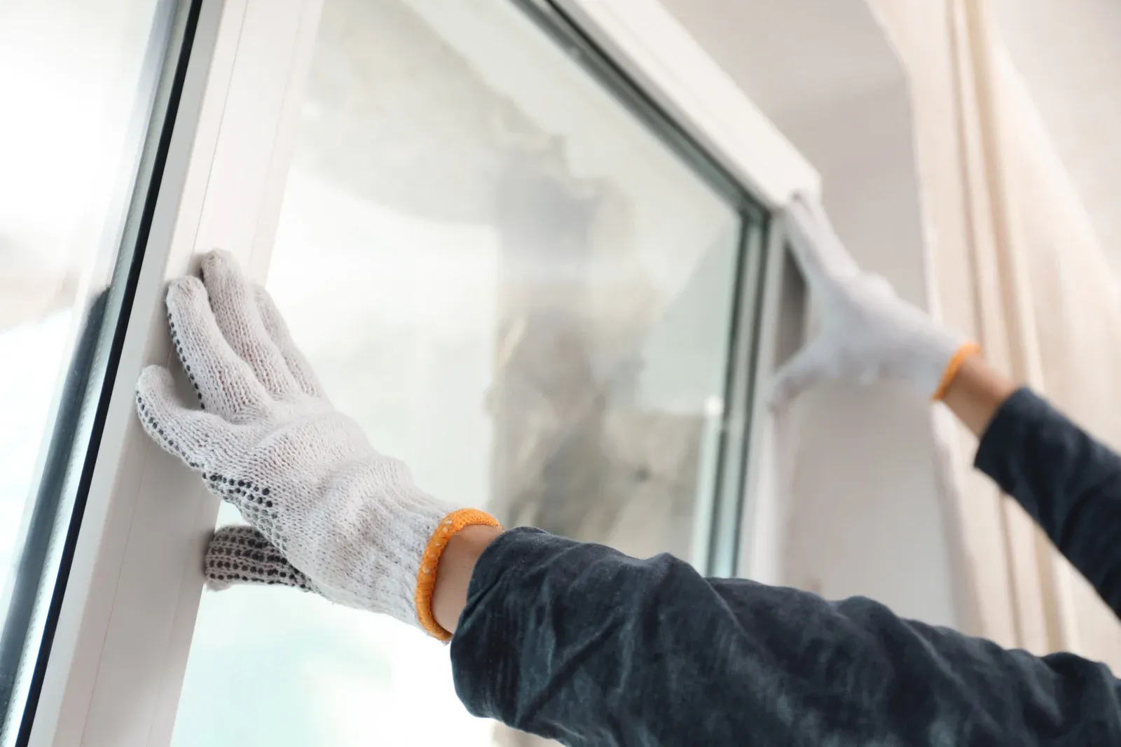 Close-up of gloved hands positioning a white window frame around a glass pane, showing careful align 