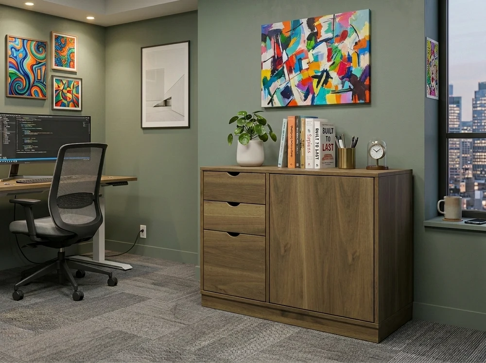Canton Small Credenza by Foundry 39, a compact 36-inch solid wood office credenza with three dovetai 