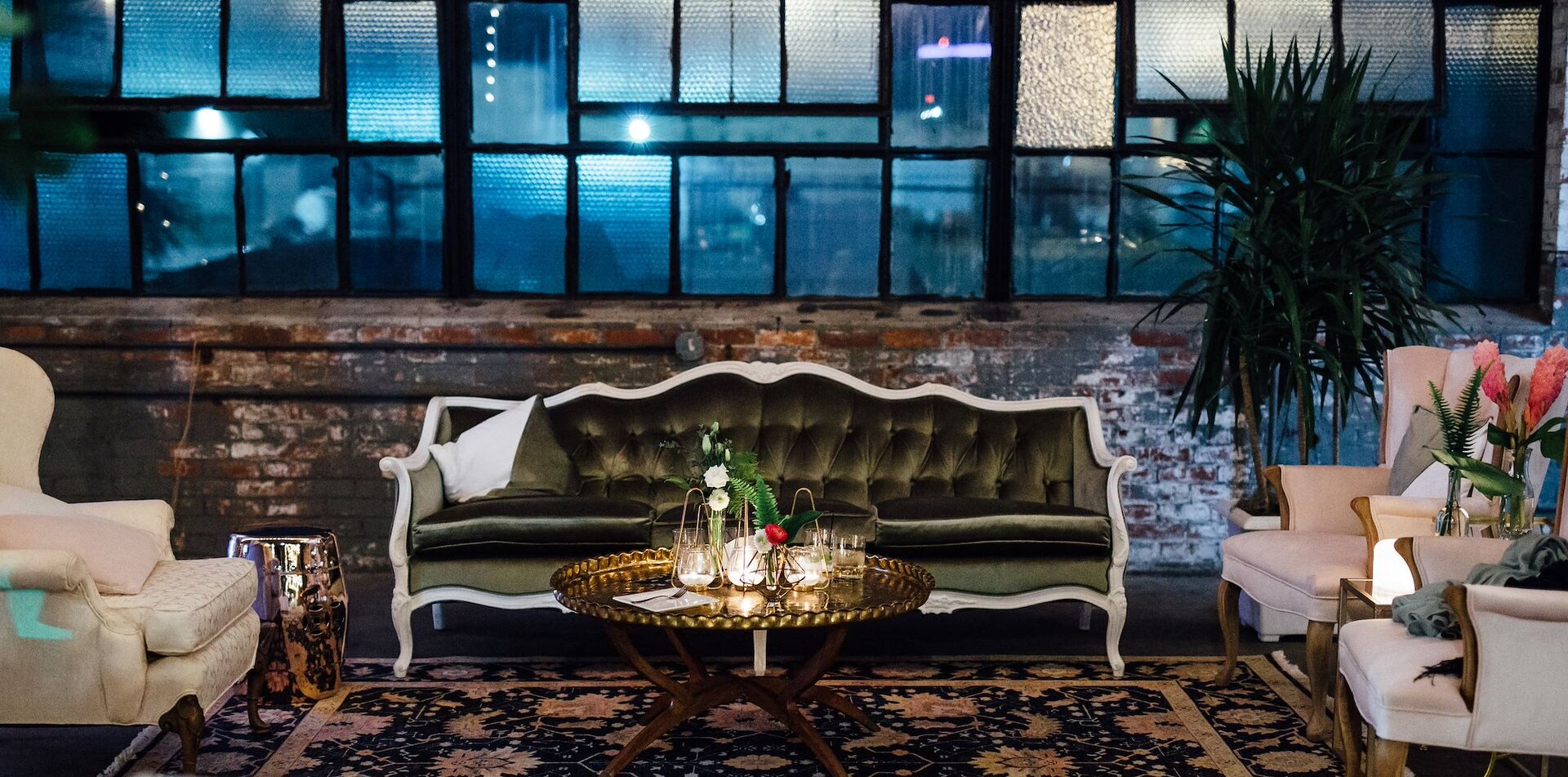 Vintage-inspired lounge seating area for weddings and private events.