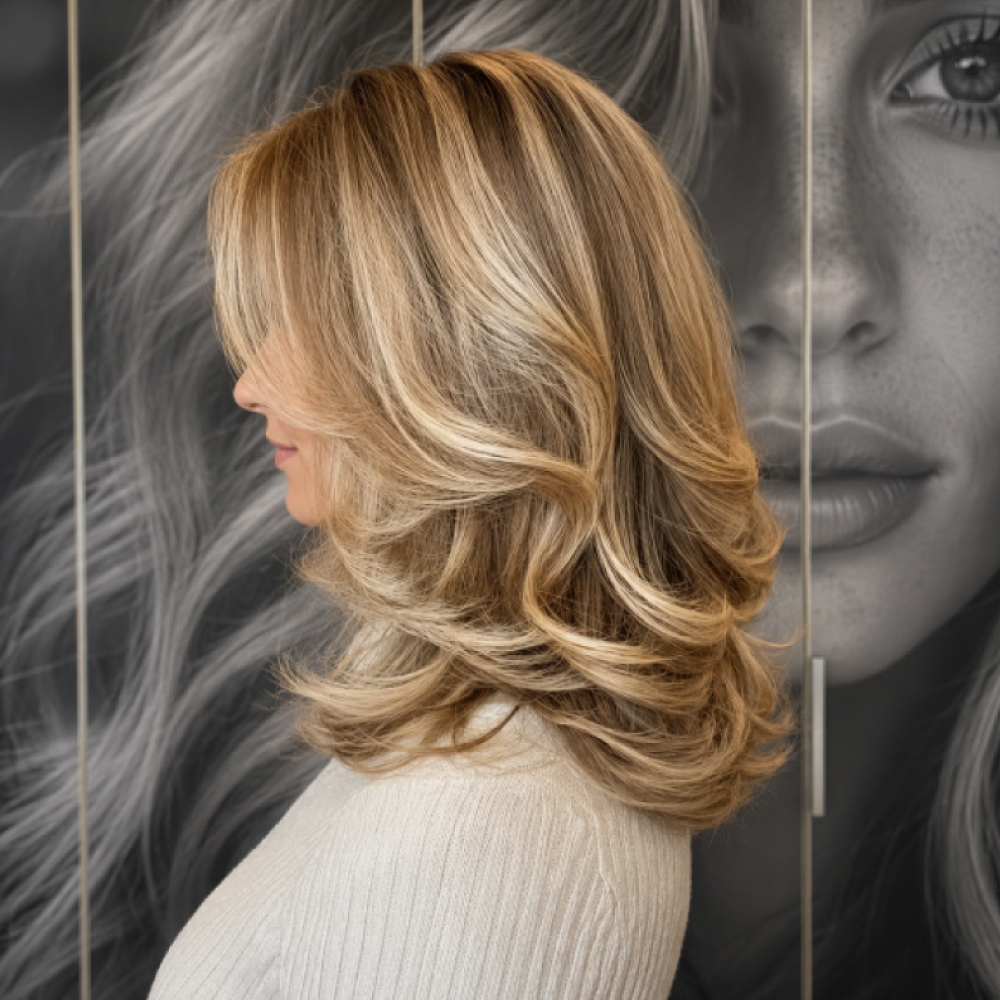 Dimensional highlights finished with a customized toner at Avissa Salon in Ann Arbor. Precision high 