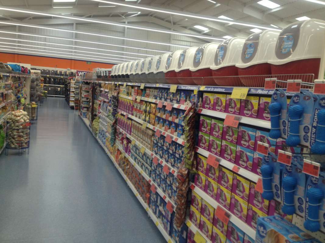 The wide selection of pet products inside B&M Pembroke Dock.