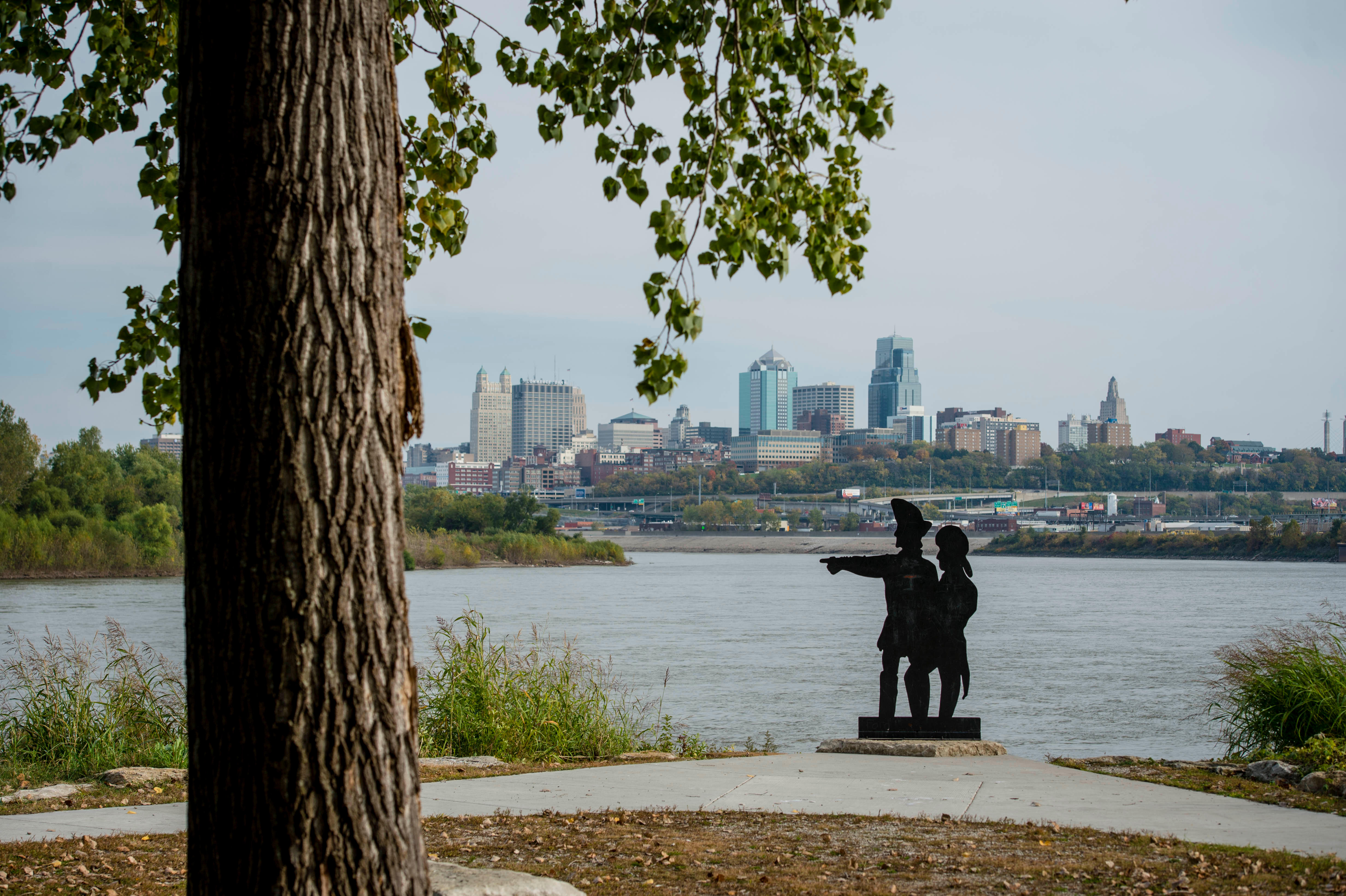 Lewis and Clark Park at Kaw Point in Kansas City, Kansas, offers a dramatic view of downtown Kansas City at the intersection of the Missouri and Kansas Rivers.