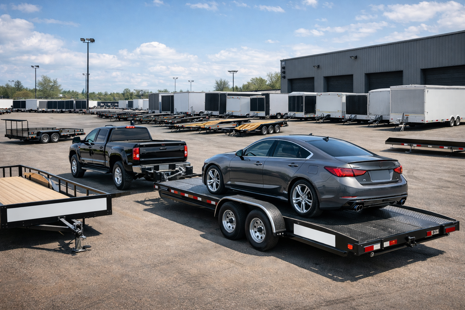 A sedan is loaded onto a car hauler trailer connected to a pickup truck in a large trailer lot. Multiple trailers are visible in the background, emphasizing commercial transport, dealership inventory, and vehicle hauling operations.