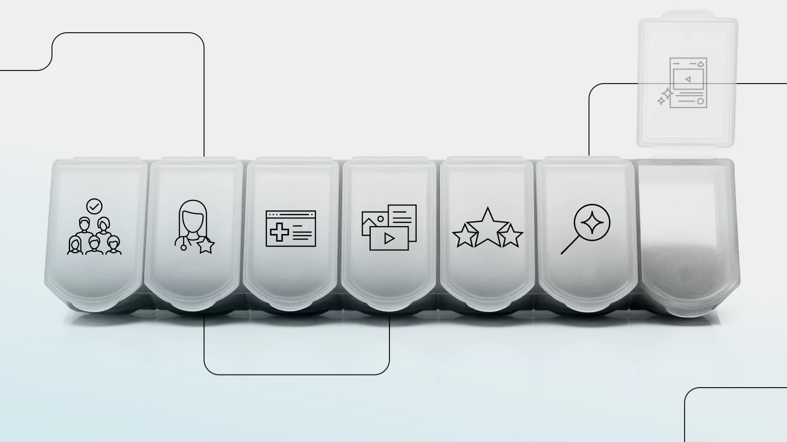 Pill box with icons on each lid that illustrate different elements of a successful healthcare content marketing strategy