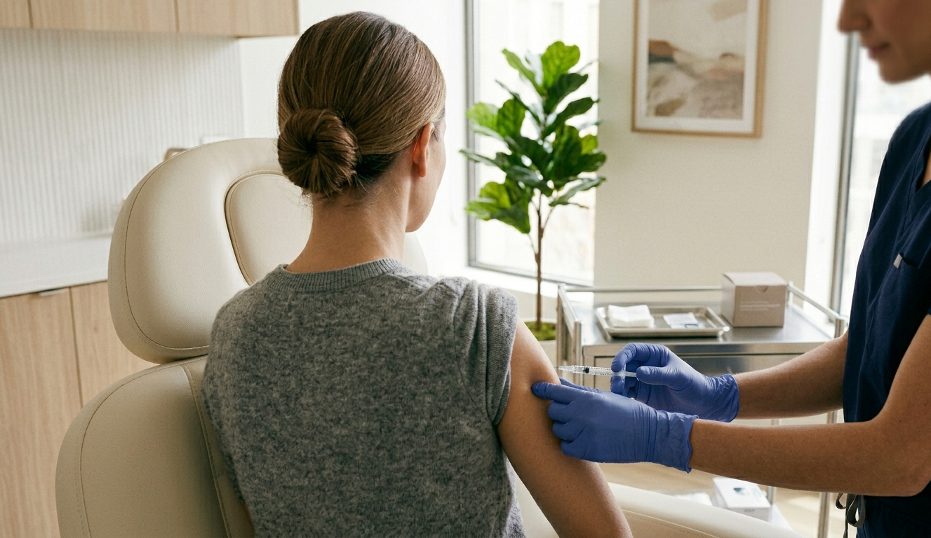 A healthcare professional wearing blue gloves administers an injection into a seated woman’s upper arm inside a medical clinic. The patient wears a gray sleeveless sweater and sits calmly while furnishings, soft lighting, and a green plant create a atmosphere.