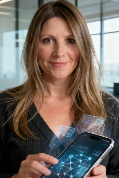 A woman with blonde hair, wearing a dark grey shirt, holds a smartphone that displays a holographic  