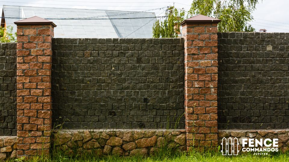 Heavy-duty stacked stone boundary wall with decorative brick pillars. Provides maximum structural pr 