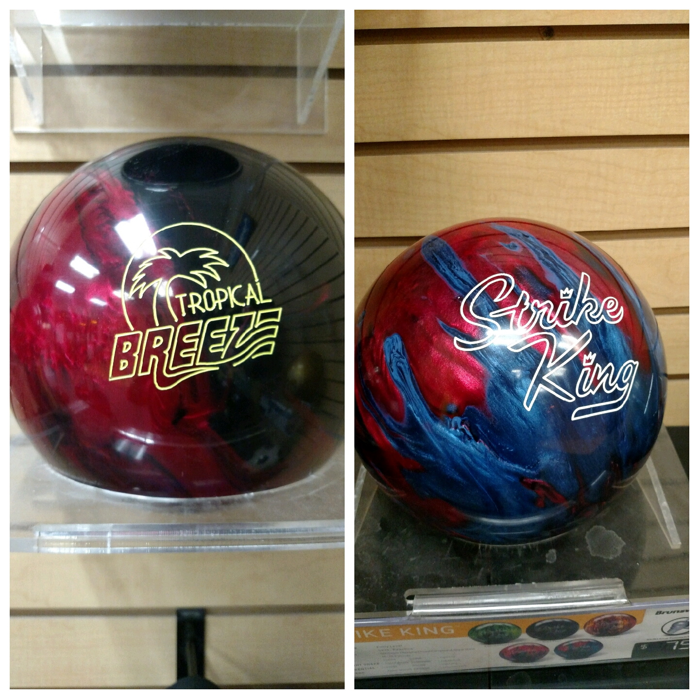 Two bowling balls are displayed side-by-side on shelves. The bowling ball on the left is primarily red and black with a yellow logo that says "TROPICAL BREEZE" with a palm tree. The bowling ball on the right is red and blue with a white logo that says "Strike King". Both balls are polished and appear to be new.