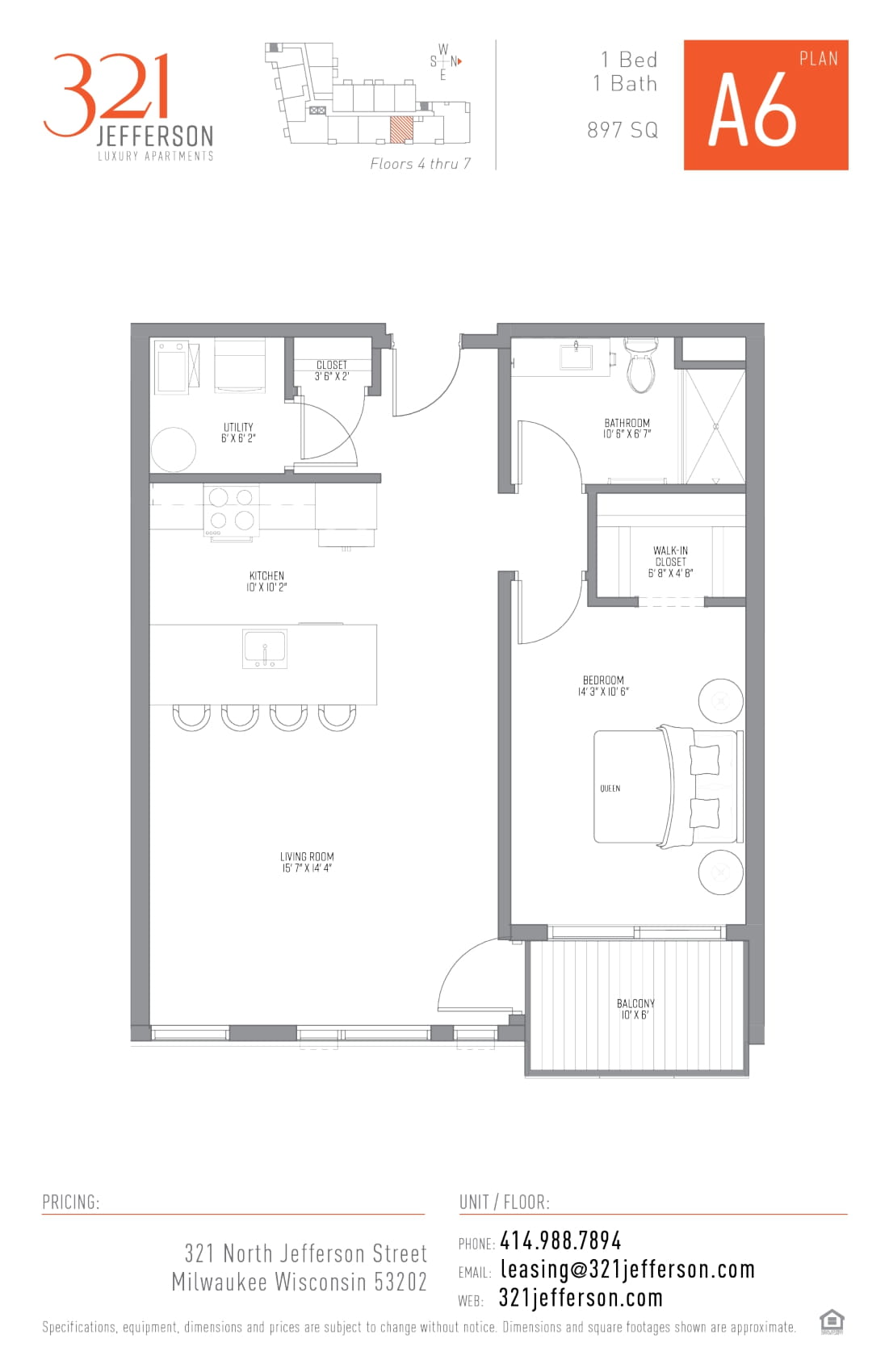 321 Jefferson One Bedroom Floor Plan A6 897 Sq Ft