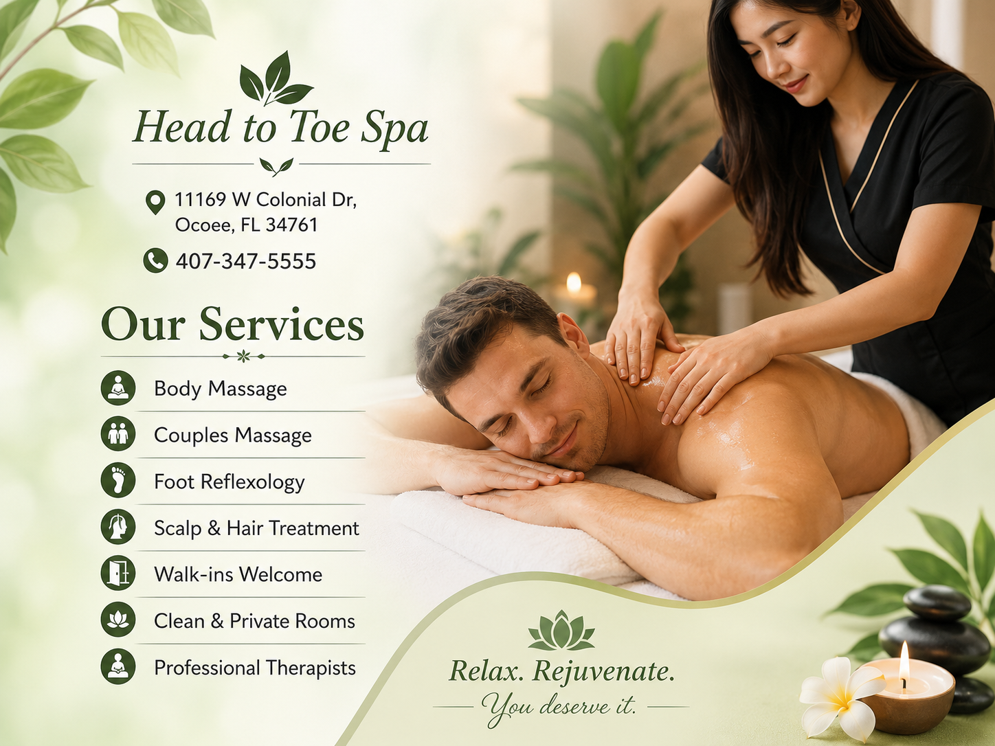 The full body massage targets all the major areas of the body that are most subject to strain and
discomfort including the neck, back, arms, legs, and feet.
If you need an area of the body that you feel needs extra consideration,
such as an extra sore neck or back, feel free to make your massage therapist aware and
they will be more than willing to accommodate you.