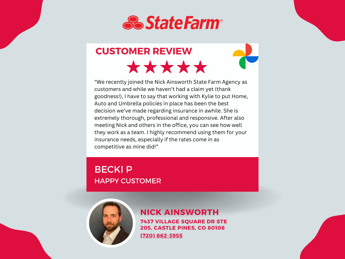 We love to help our customers! Call us anytime for a free quote. Nick Ainsworth State Farm Castle Pines