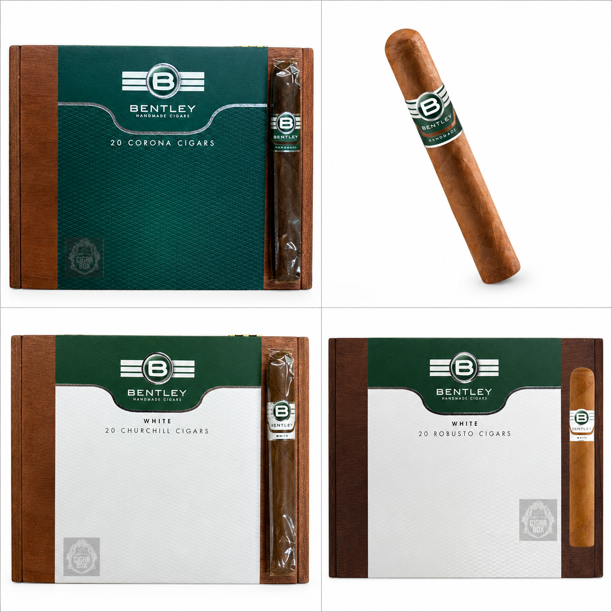 Discover Bentley Handmade Cigars in Corona, Churchill, and Robusto sizes. Expertly crafted for a smooth, refined smoking experience with premium tobacco and exceptional quality.