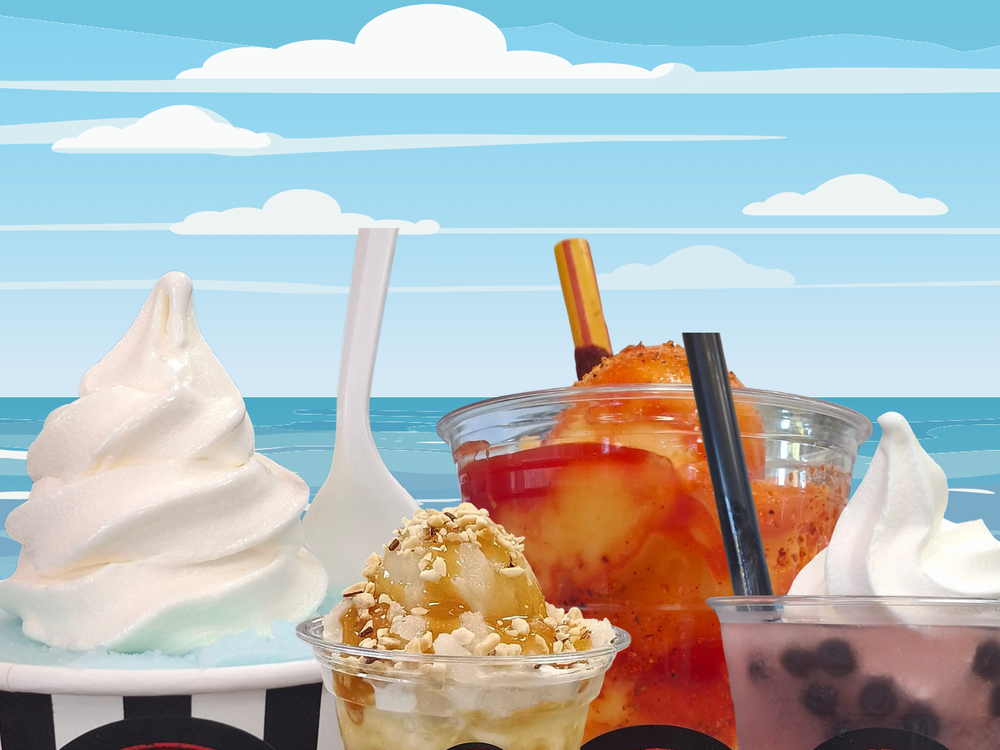 Assorted So Cal Famous Beach Ice treats including soft serve, shaved ice with toppings, fruit-based drink, and bubble tea, displayed against a beach-themed illustrated background. The image highlights variety, vibrant flavors, and refreshing dessert options perfect for a fun, tropical experience.