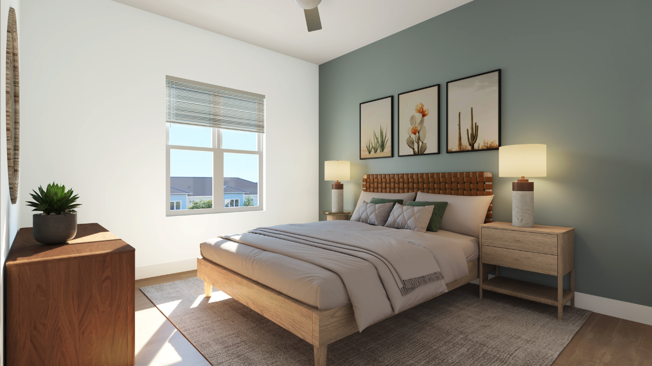 Interior rendering of a bedroom at Cyrus Apartments 