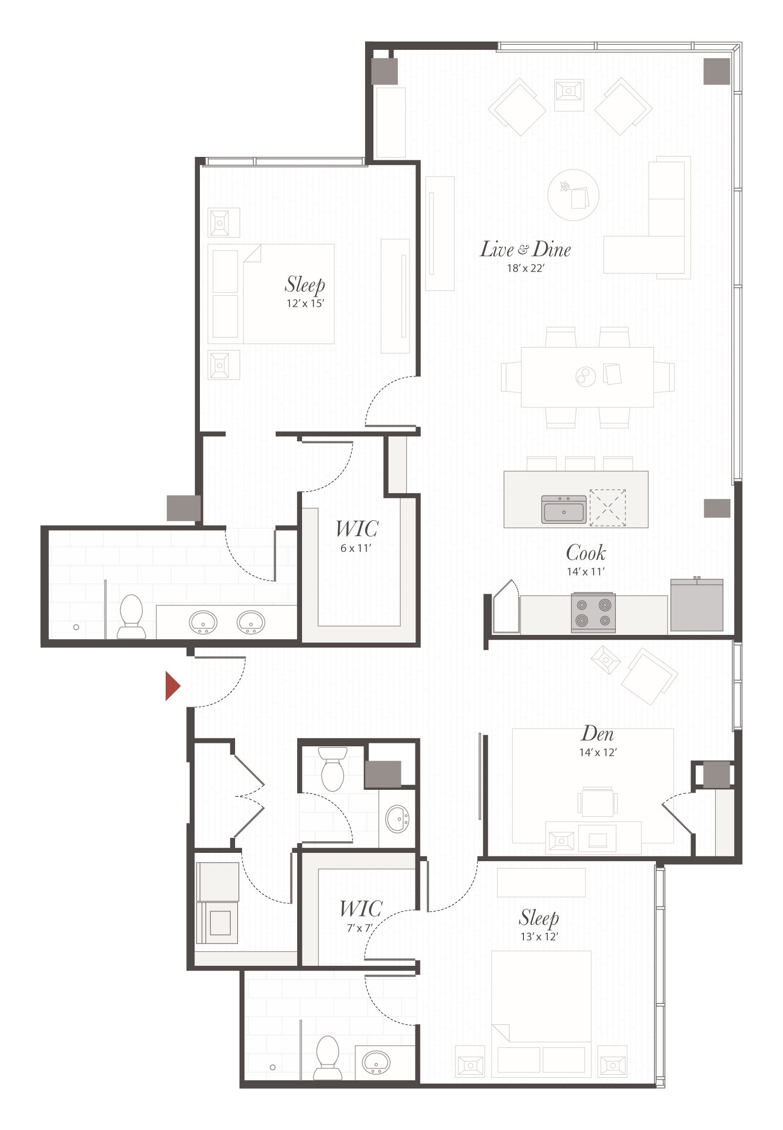 Encore T4 2 Bedroom + Den Apartment Floor Plan