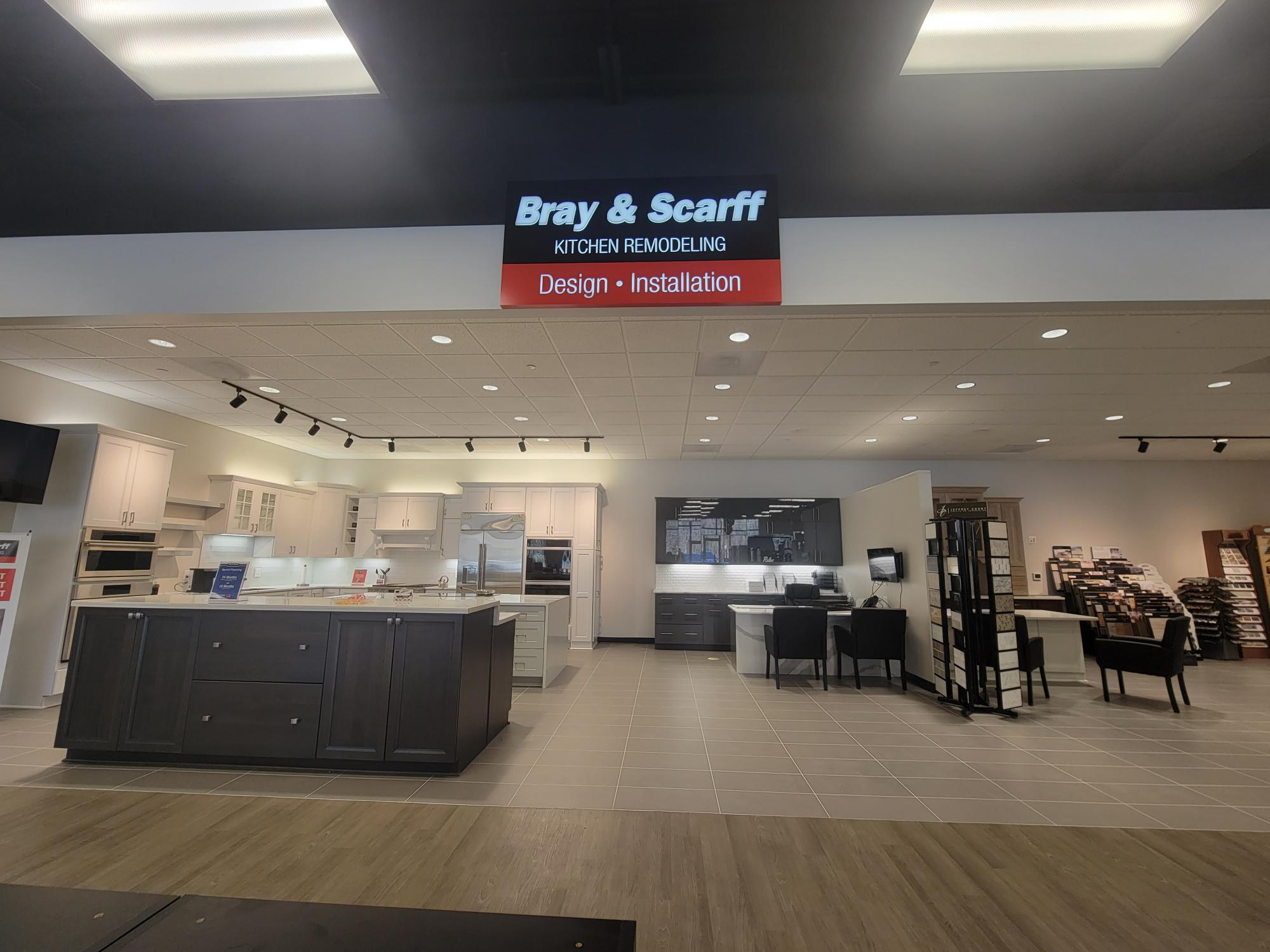 kitchen appliance showroom entrance with black and white Bray & Scarff sign