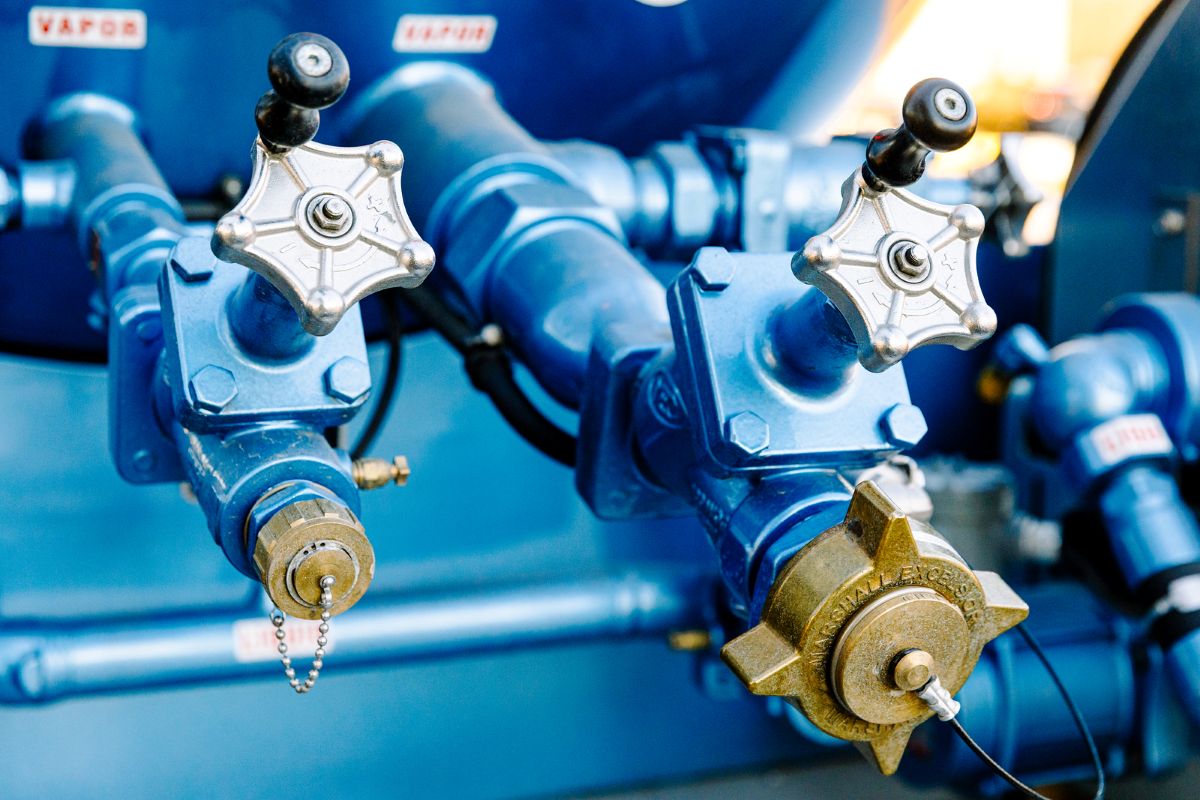 Close-up view of fuel delivery equipment and valves on a Beaupre Fuels truck in Southern Maine. Beaupre Fuels provides reliable heating oil delivery, propane services, and commercial fuel solutions for residential and business customers throughout the region.