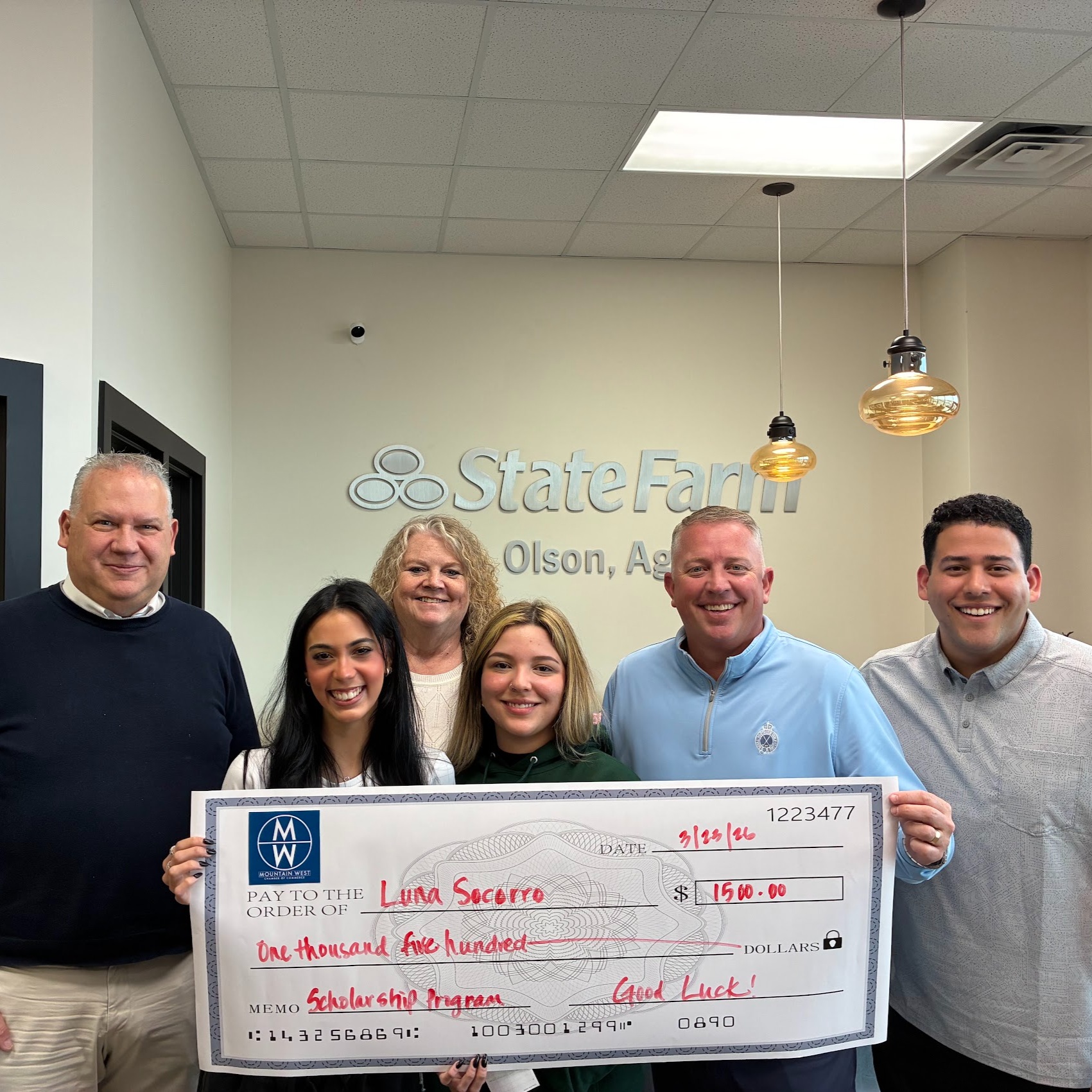So excited to be able to award $1500 for the Mountain West Scholarship program. Give TJ Olson State Farm a call today for a free insurance quote!