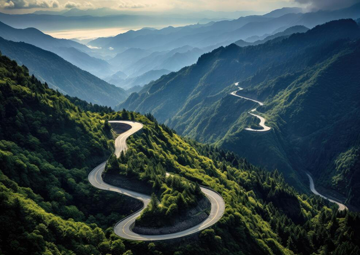 Aerial view of winding mountain road through forested valleys with serpentine turns and distant peaks.