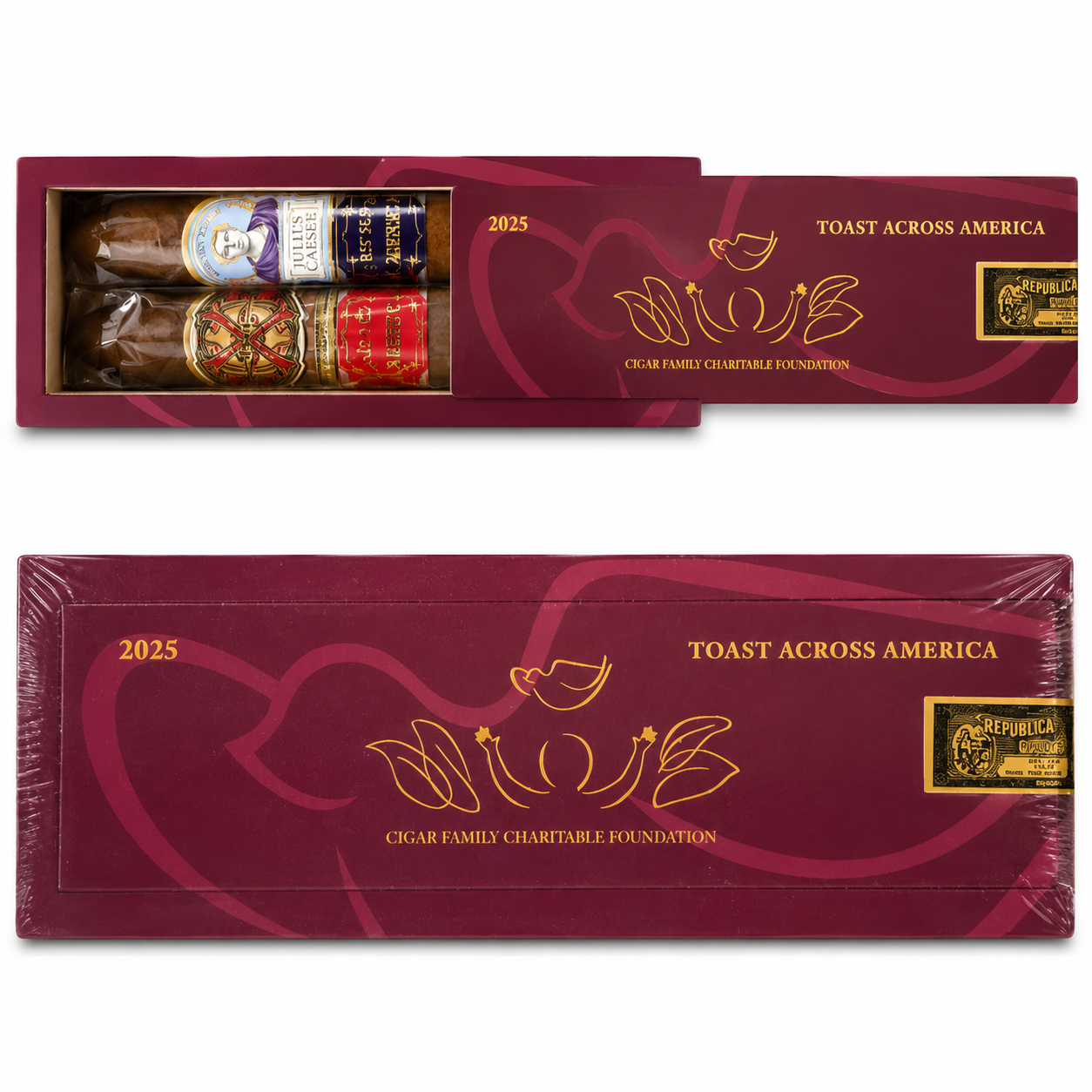 Celebrate with the Arturo Fuente Toast Across America 2025 Pack featuring one Opus X Shark and one Julius Caeser cigar. A limited-edition set crafted for collectors and premium cigar enthusiasts.