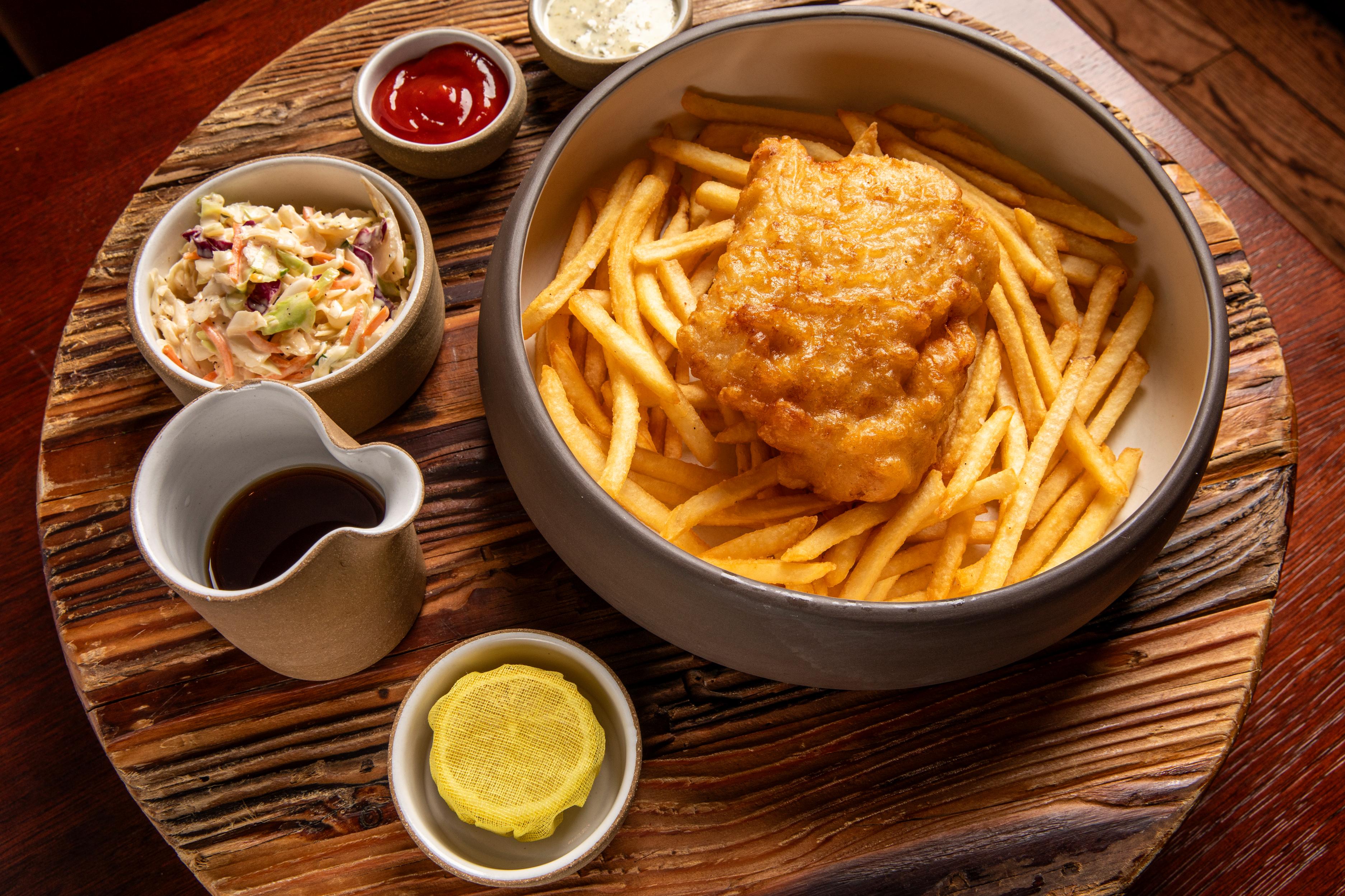 Beer Battered Cod, Thin Fries, Coleslaw, Tartar Sauce and Malt Vinegar 