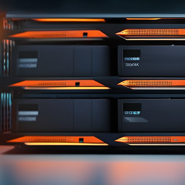 A close-up, angled view of a server rack, featuring multiple black server units stacked vertically. Each server unit is positioned on a shelf, and below each server unit are illuminated orange accent lights that create a striking visual contrast. The lighting is dim, with the orange glow being the primary light source, highlighting the texture of the perforated grilles on some of the server components. The background is dark and blurred, focusing attention on the technological hardware.