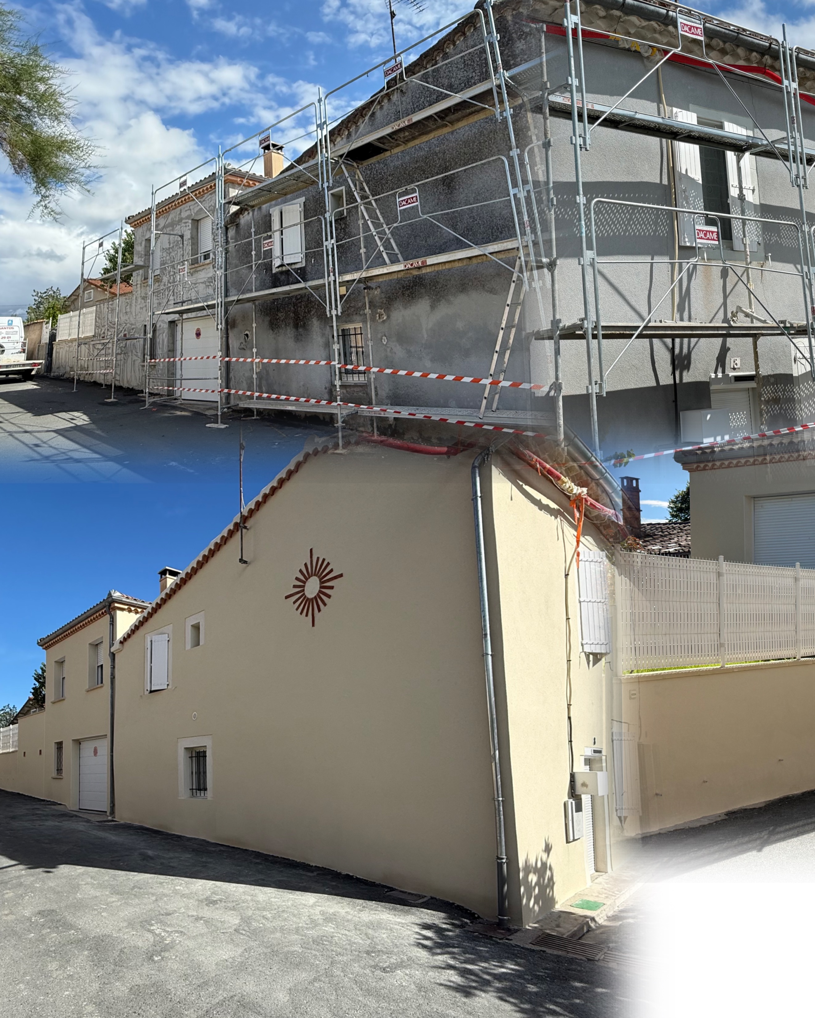 J'ai réalisé piquage des façades plus sous-couche et finition gratté avec le joli soleil sur le Façade.