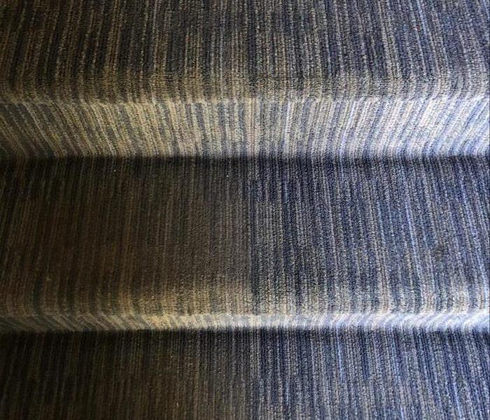 Look at the difference in this stairway! The left side is not cleaned while the right side we cleaned.  SERVPRO of Newark is great at carpet cleaning! We clean carpets everyday and our technicians are SERVPRO Certified.