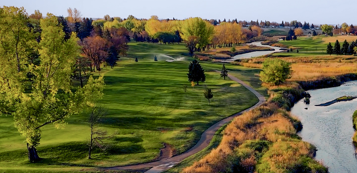 Aerial view of a golf course in the fall.