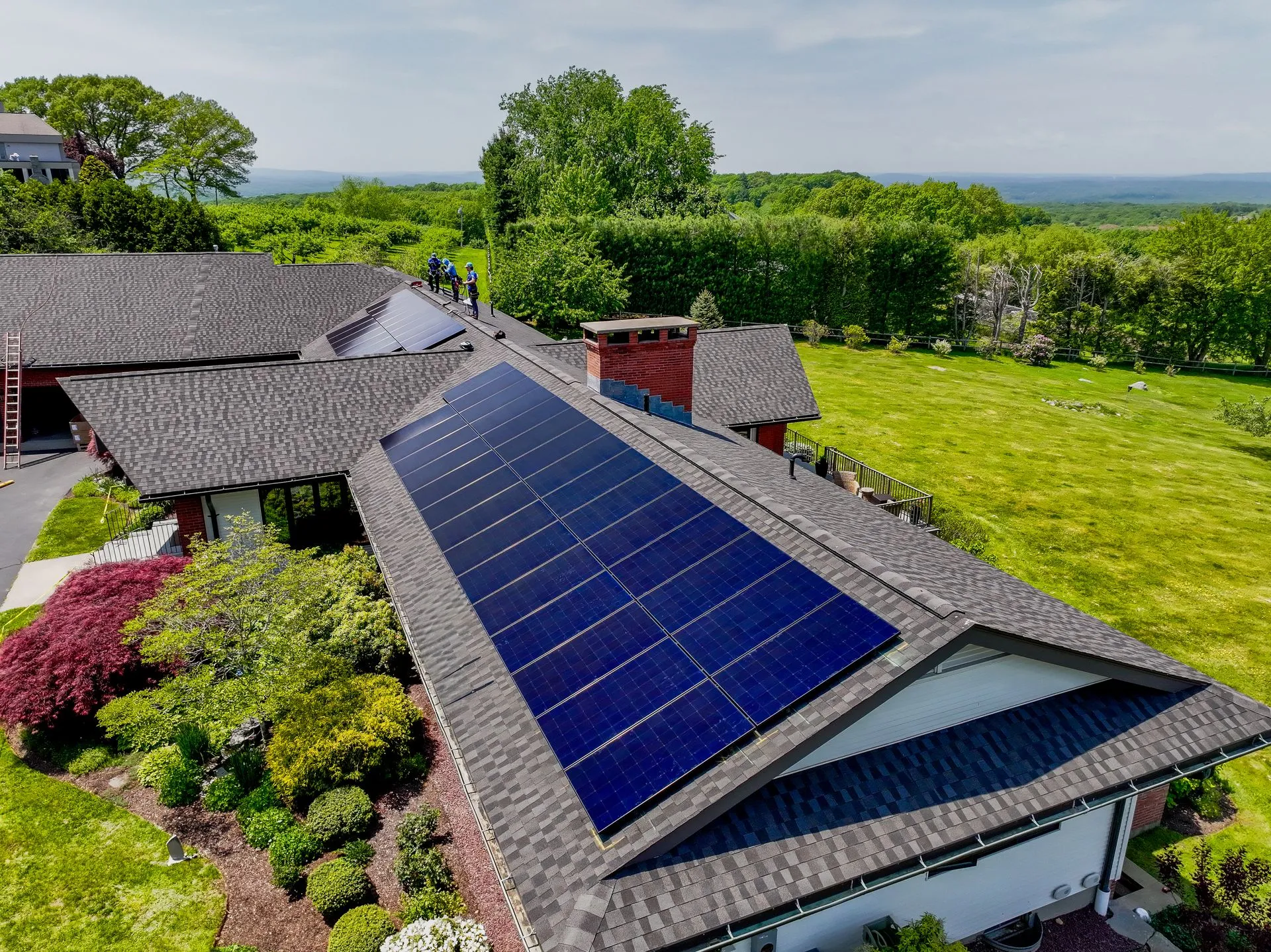 Residential solar panel system installed on a suburban home