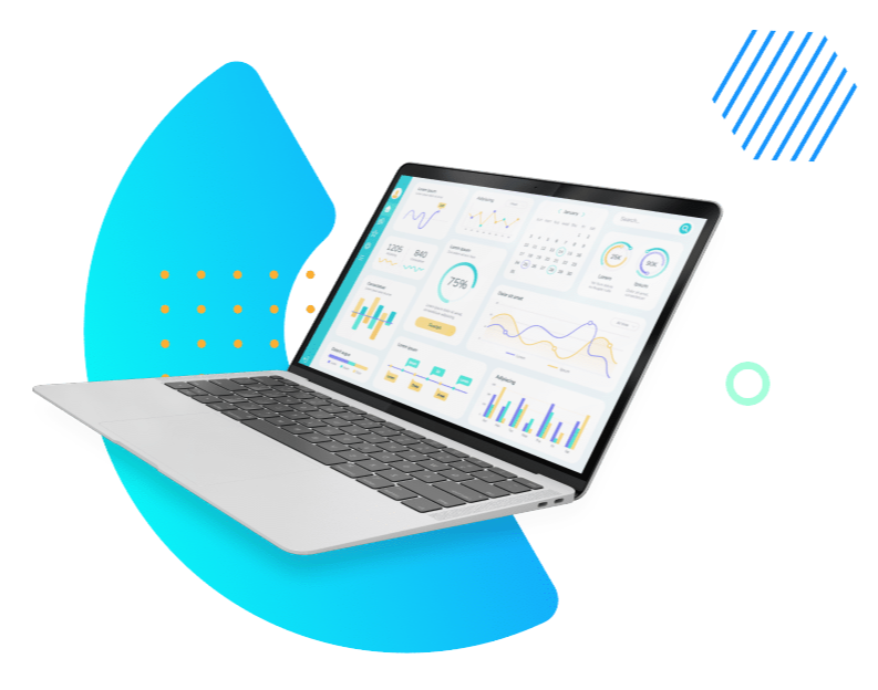 A laptop with data analytics dashboard, showing graphs and charts, appears to float against a black background with dynamic blue and green abstract shapes.