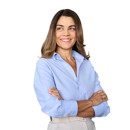 Image of smiling woman in blue shirt thinking about AudioNova's solutions for her tinnitus