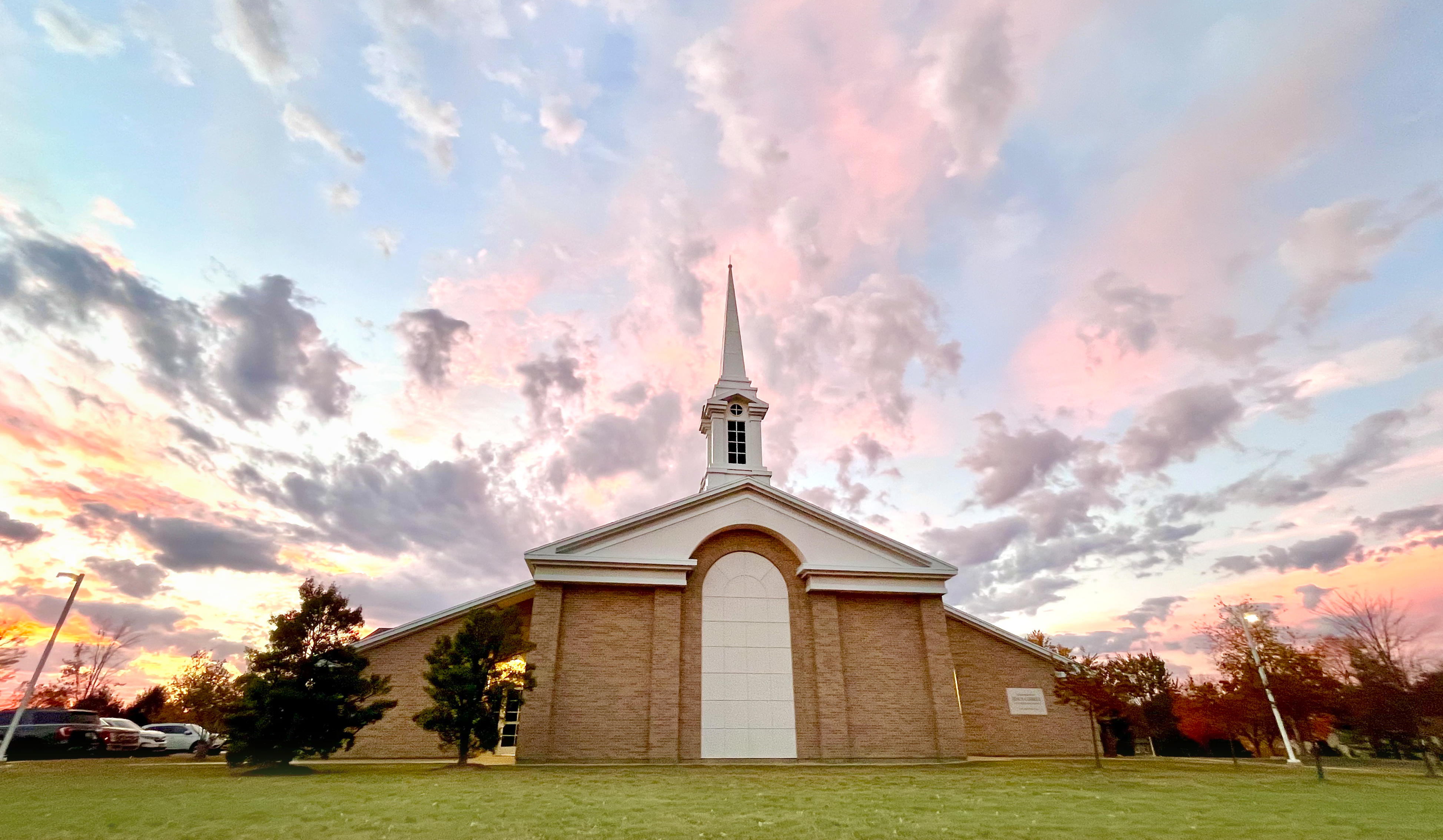 The Church of Jesus Christ of Latter-day Saints meetinghouse at sunset in Lake Saint Louis, MO.