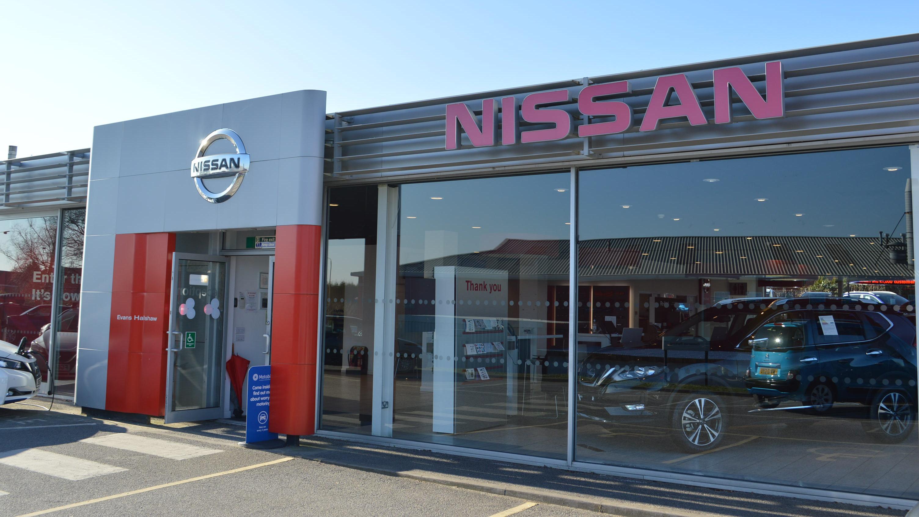 Outside the Nissan Mansfield dealership Evans Halshaw Mansfield Nissan Authorised Repairer & Used Car Centre Mansfield 01623 787878