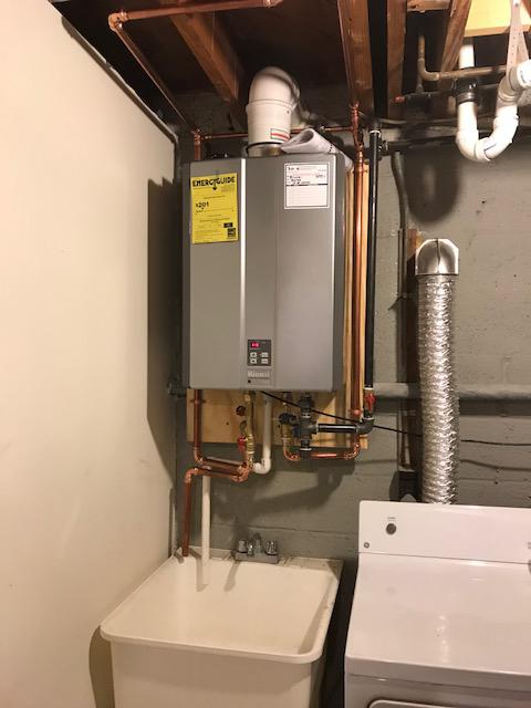 Rinnai high-efficiency condensing tankless water heater.