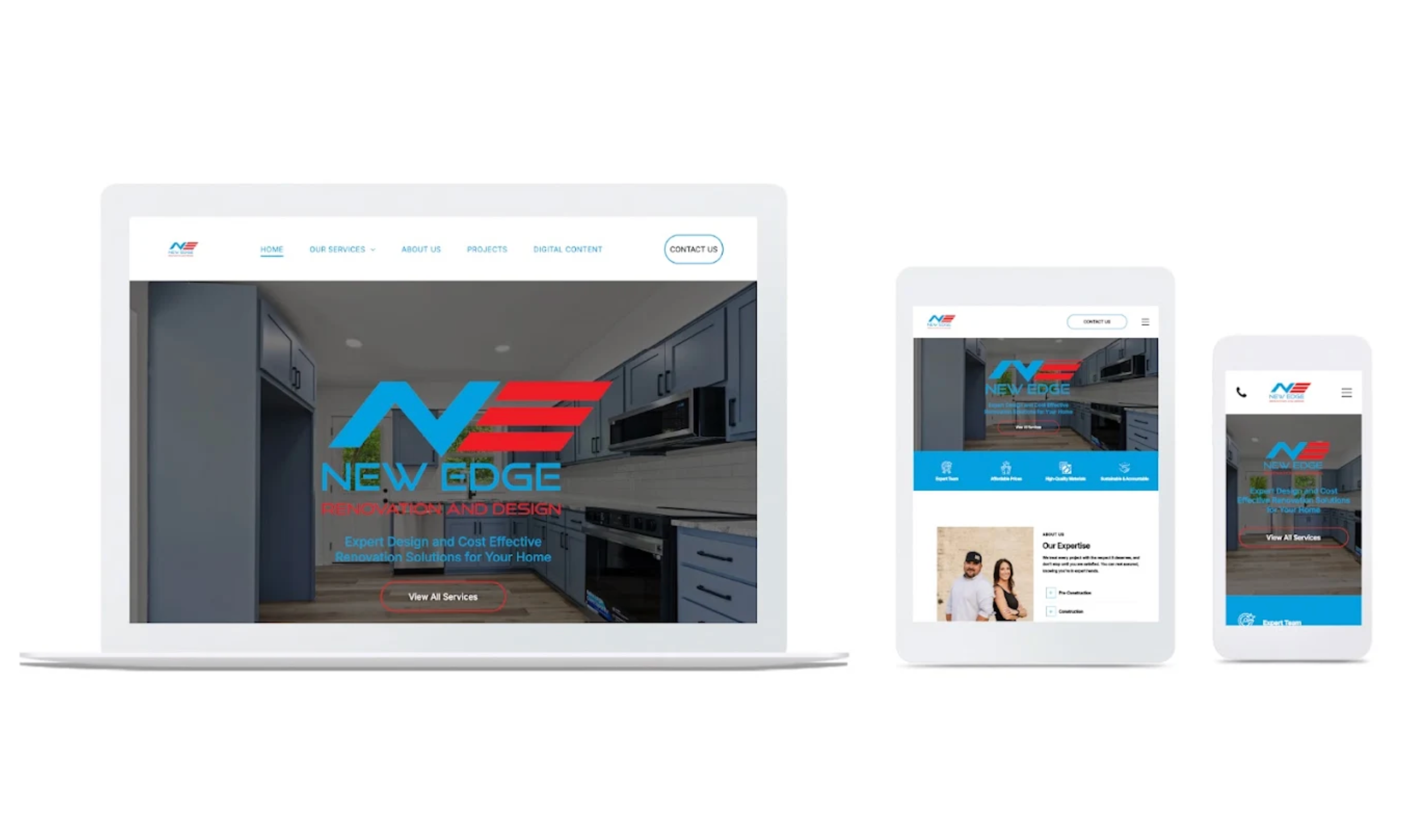 Website design example showing a home renovation company&rsquo;s site displayed on a laptop, tablet, and smartphone to illustrate responsive web design.