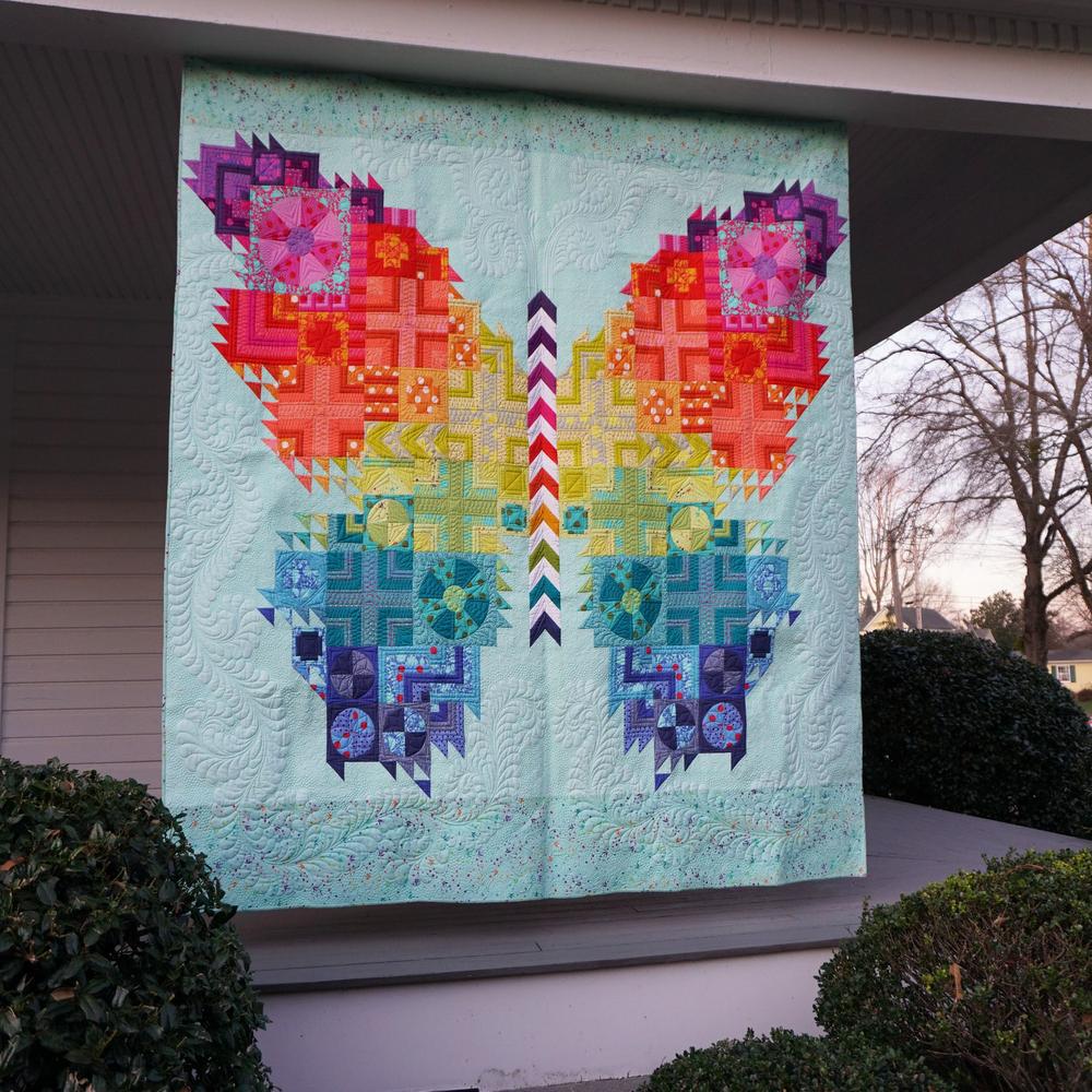 The Butterfly quilt kit is updated with Tula's New Fabrics! Kit has over 14 yards of fabric in the same 49 Tula Pink fabrics shown in the pattern photo. All fabric for the top and binding included.  No pattern is in this kit.  The Butterfly Kit Pattern can be found here.