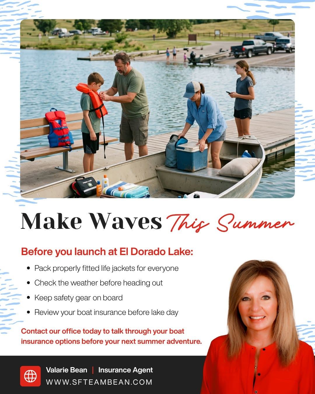 Summer days at El Dorado Lake are made for time on the water. Before you head out, check your life jackets, safety gear, and the weather, and review your boat coverage for the season. Have a safe and enjoyable day on the lake.