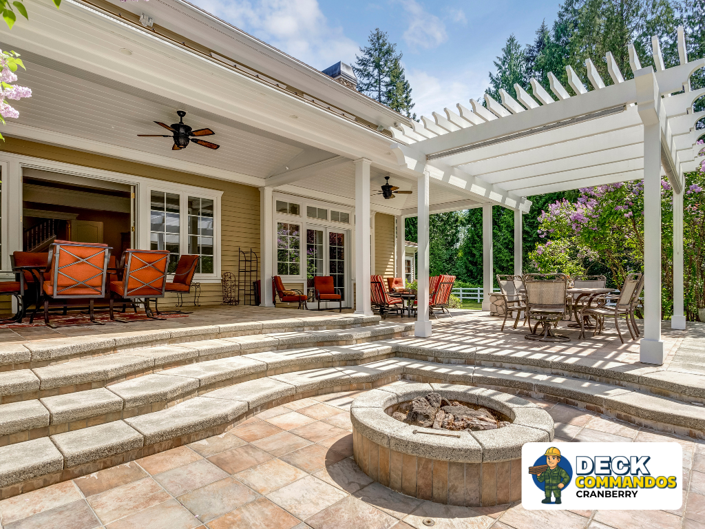Expansive stone paver patio with integrated outdoor kitchen, fire pit, and pergola.