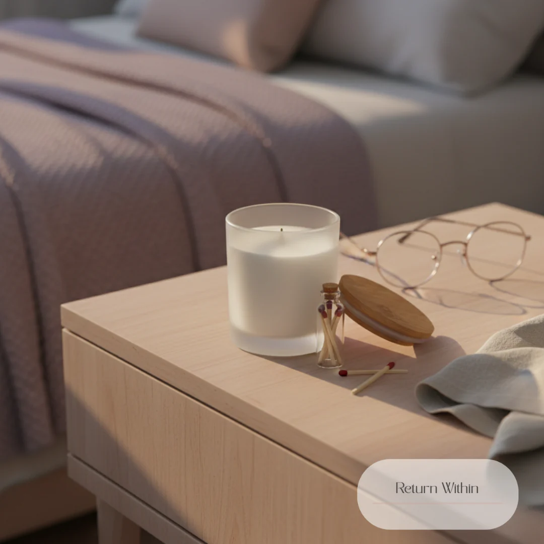 A close-up shot of a white candle in a frosted glass jar, a small glass bottle filled with matches, and a pair of round-framed glasses resting on a light wood bedside table. In the background, a bed with a textured, dusty rose blanket is visible. The overall scene evokes a sense of calm and relaxation.