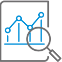 Magnifying glass over graph icon.