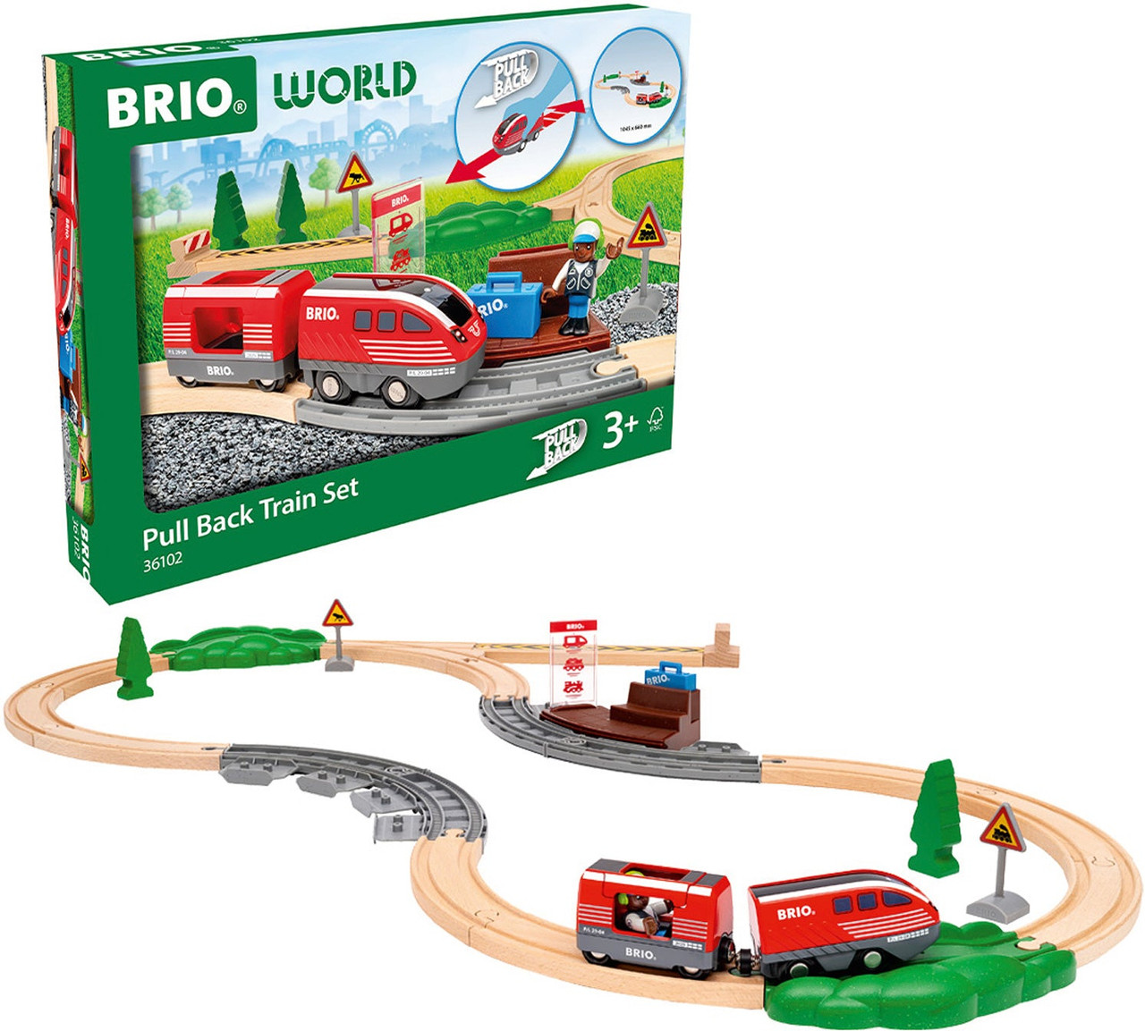Brio Pull Back Train Set Pull into imagination station! Train-loving kids and curious early learners start or add to their collection with an heirloom-quality train set featuring a pull-back engine.