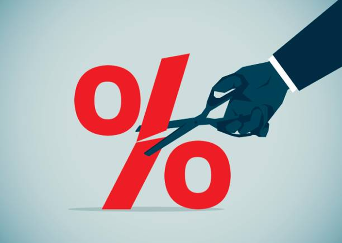 Illustration of a person cutting a percentage sign in half using scissors.