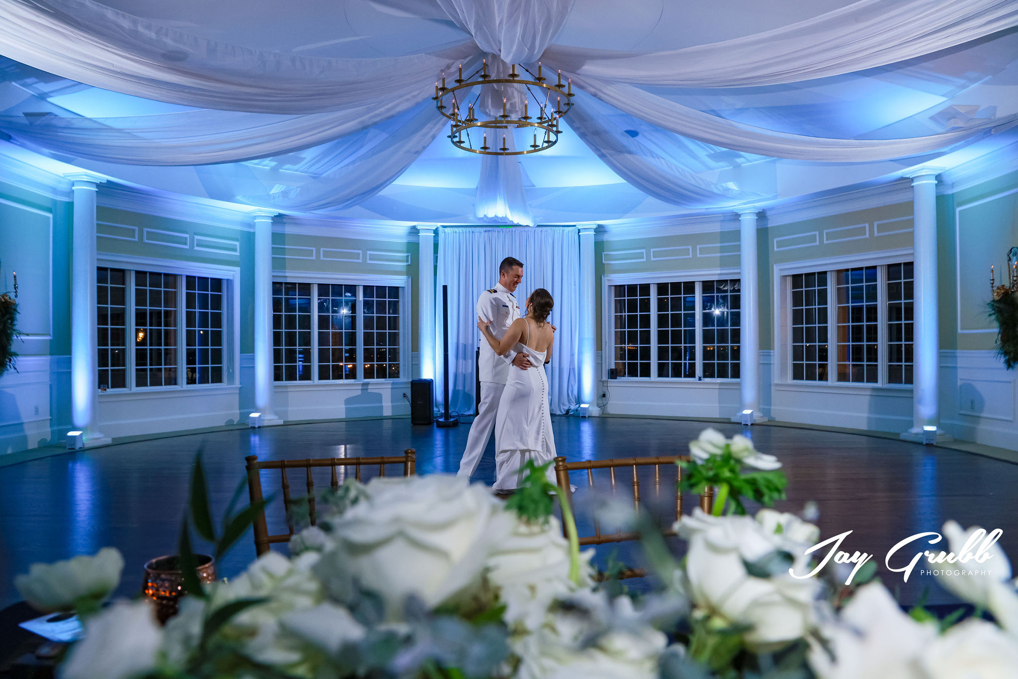 couple dancing in ballroom at river house events 