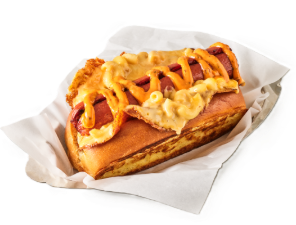 mac and cheese smashed hot dog