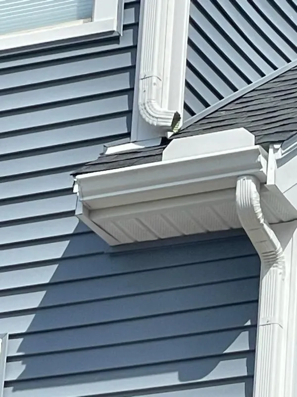Close-up view of a white gutter and decorative downspout attached to blue vinyl siding. Clean instal 